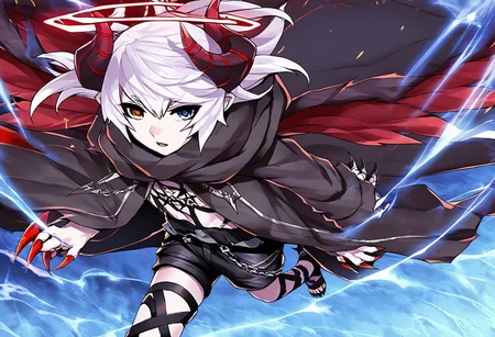 Score_9, Score_8_up, Score_7_up, Score_6_up, Score_5_up, Source_anime, rating_safe, 1boy, Vandelieu, emotionless face, white hair, heterochromia, red and blue eyes, black shirt, black shorts, black trenchcoat, walking, looking at viewer, {{{claw, sharp nails, very long fingernails:2}}}, seraph wings, red crown halo, demon horns, ram horns, dark kingdom, dutch angle