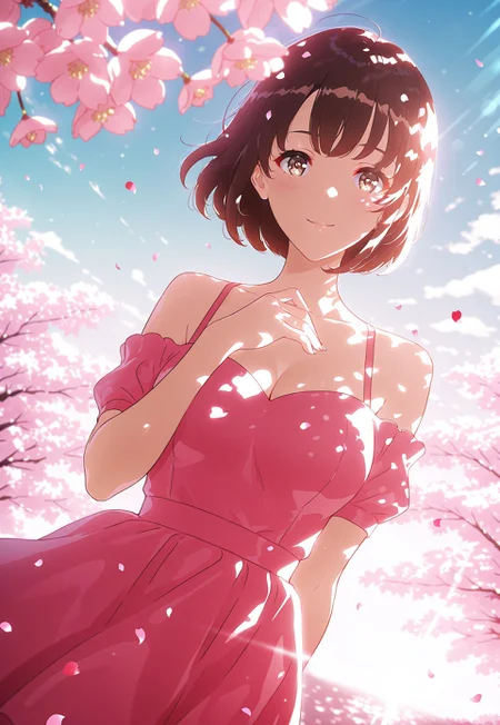 safe_pos, 1girl, solo, katomegumi,brown hair,pupils,brown eyes,medium breasts,short hair, 

dynamic view, dutch angle, dynamic angle, cinematic framing, (digital painting:0.8), auralora, (aura:0.2), bokeh, (luminescent background:0.8), pink and red color scheme, valentines day setting, off shoulder dress, cleavage, elegant pose, hand on heart, smile, sunlight reflections, pastel sky, cherry blossoms, looking at viewer,

elegant, masterpiece, best quality, highly detailed, high contrast, dramatic shadows, raytracing, subsurface scattering,((detailed eyes))