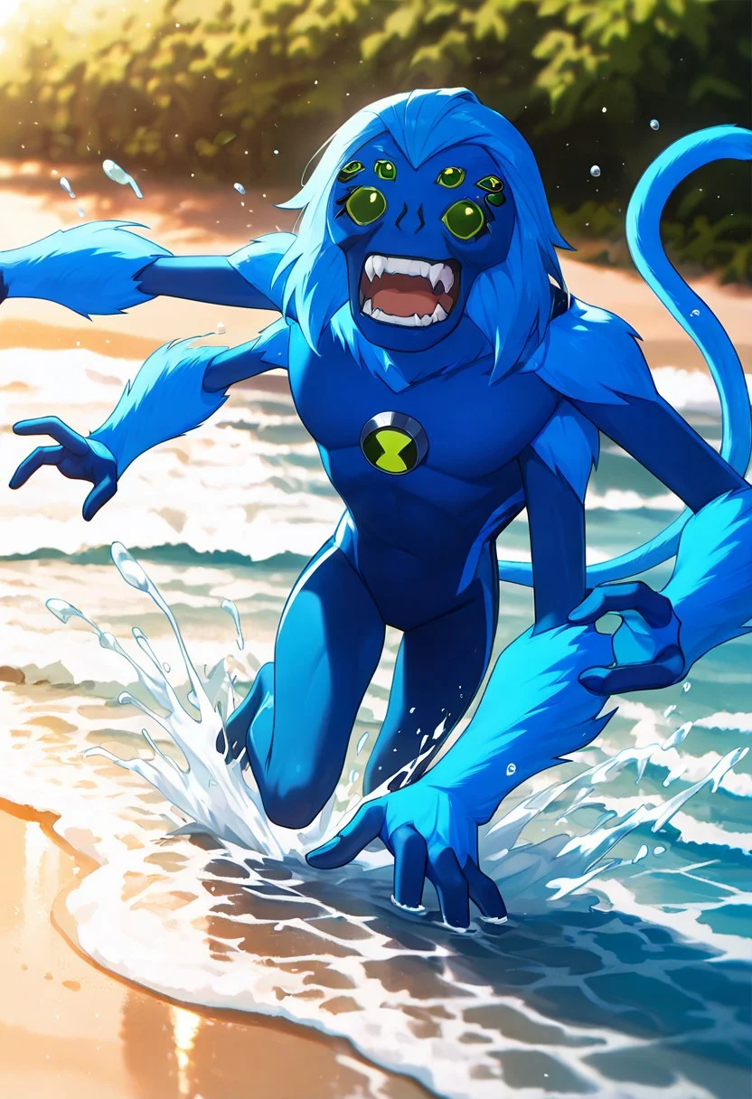 masterpiece, best quality, amazing quality, very aesthetic, absurdres, newest,, detailed background,
spidermonkey, extra eyes, solo, blue skin, extra arms, long blue tail, , green eyes, teeth, blue hair, , teeth, fangs, four arms,
bright day, on beach, swimming, splashing water, depth of field, foreground blur, splashes,