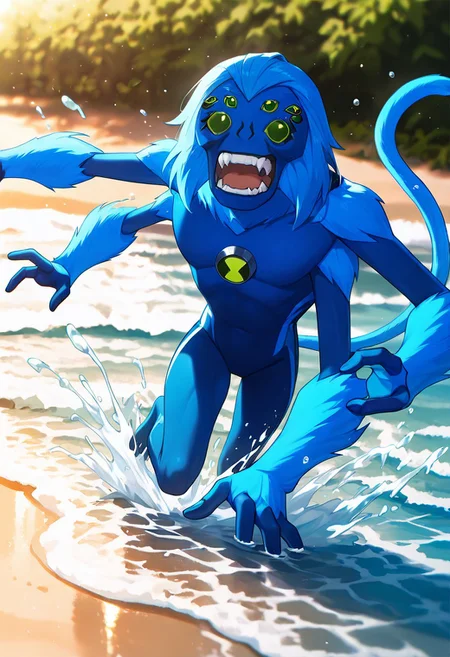 masterpiece, best quality, amazing quality, very aesthetic, absurdres, newest,, detailed background, 
spidermonkey, extra eyes, solo, blue skin, extra arms, long blue tail, , green eyes, teeth, blue hair, , teeth, fangs, four arms, 
bright day, on beach, swimming, splashing water, depth of field, foreground blur, splashes,