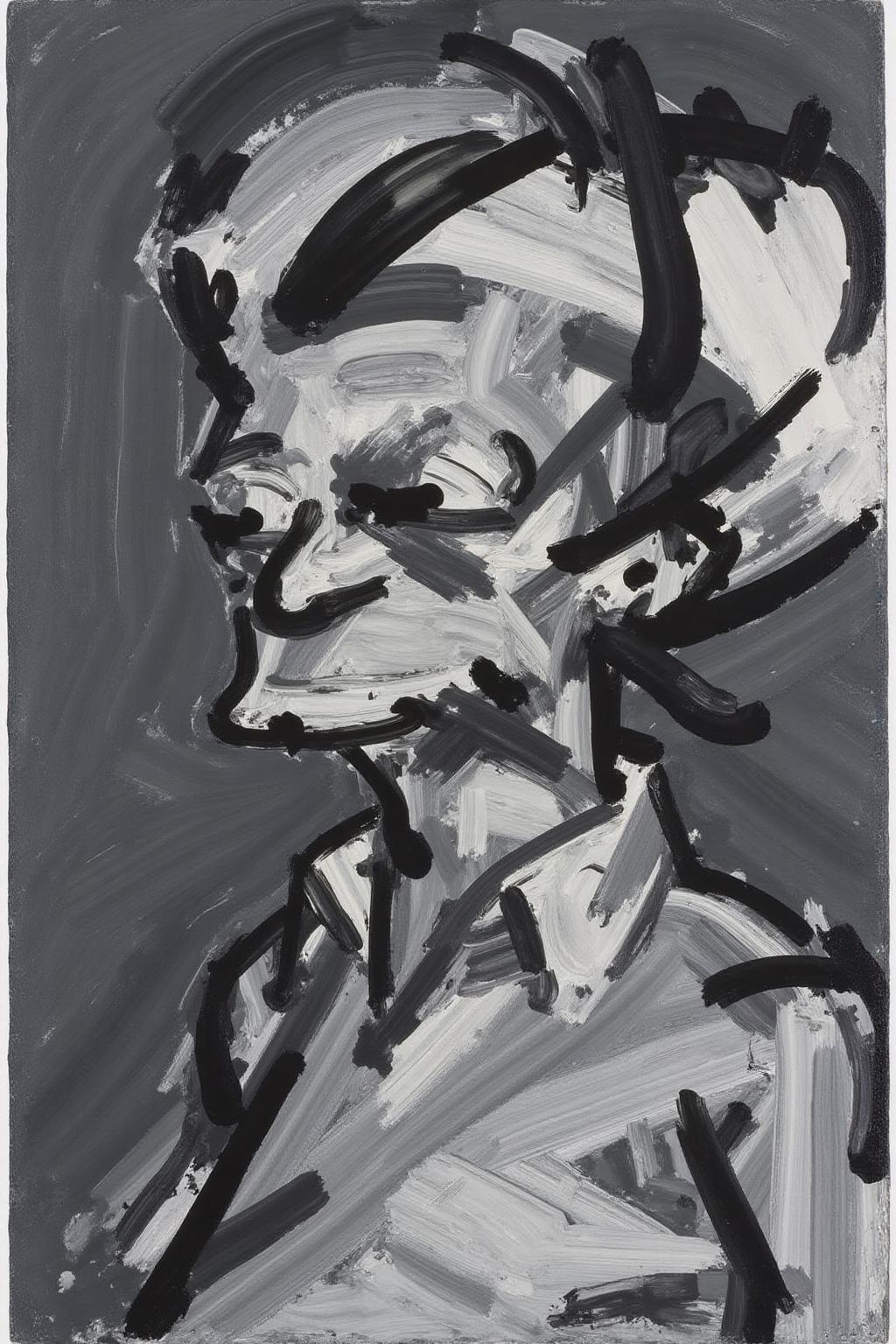 fraauer1 abstract painting. a monochromatic, abstract painting created with thick, bold brush strokes in shades of black and white on a dark gray background. The artwork features a stylized, simplified of homer Simpson, rendered with an expressive, almost surrealistic approach. The subject's face is abstracted, with exaggerated features and an emphasis on the emotional intensity of the expression. <lora:fraauer1_cap_d6a3:1.0><lora:811780756604107077:0>