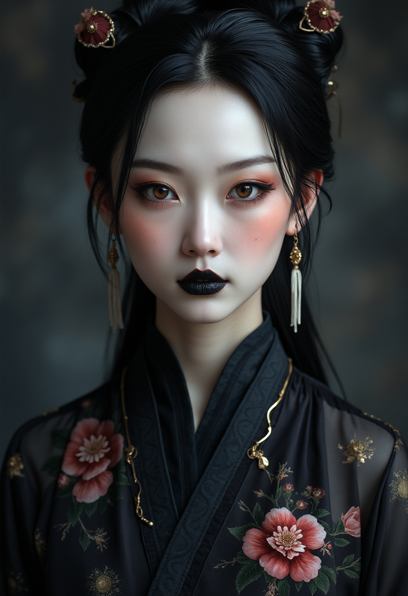 breathtaking A highly detailed, realisticpicture  of a Chinese Zixia woman 28yo with a pale complexion, dark straight hair in an elegant updo with a few loose strands framing her face, intricate makeup , deep black lips, wearing a high-collared garment with floral patterns in a dark, muted palette, against a dark gradient background, emphasizing her enigmatic and mystical aura,, high resolution, rich textures, and contemplative mood. Dark makeup,
. Her eyes are a deep piercing and  brown
<lora:FluxMythP0rtr4itStyle:0.5> mythp0rt . award-winning, professional, highly detailed