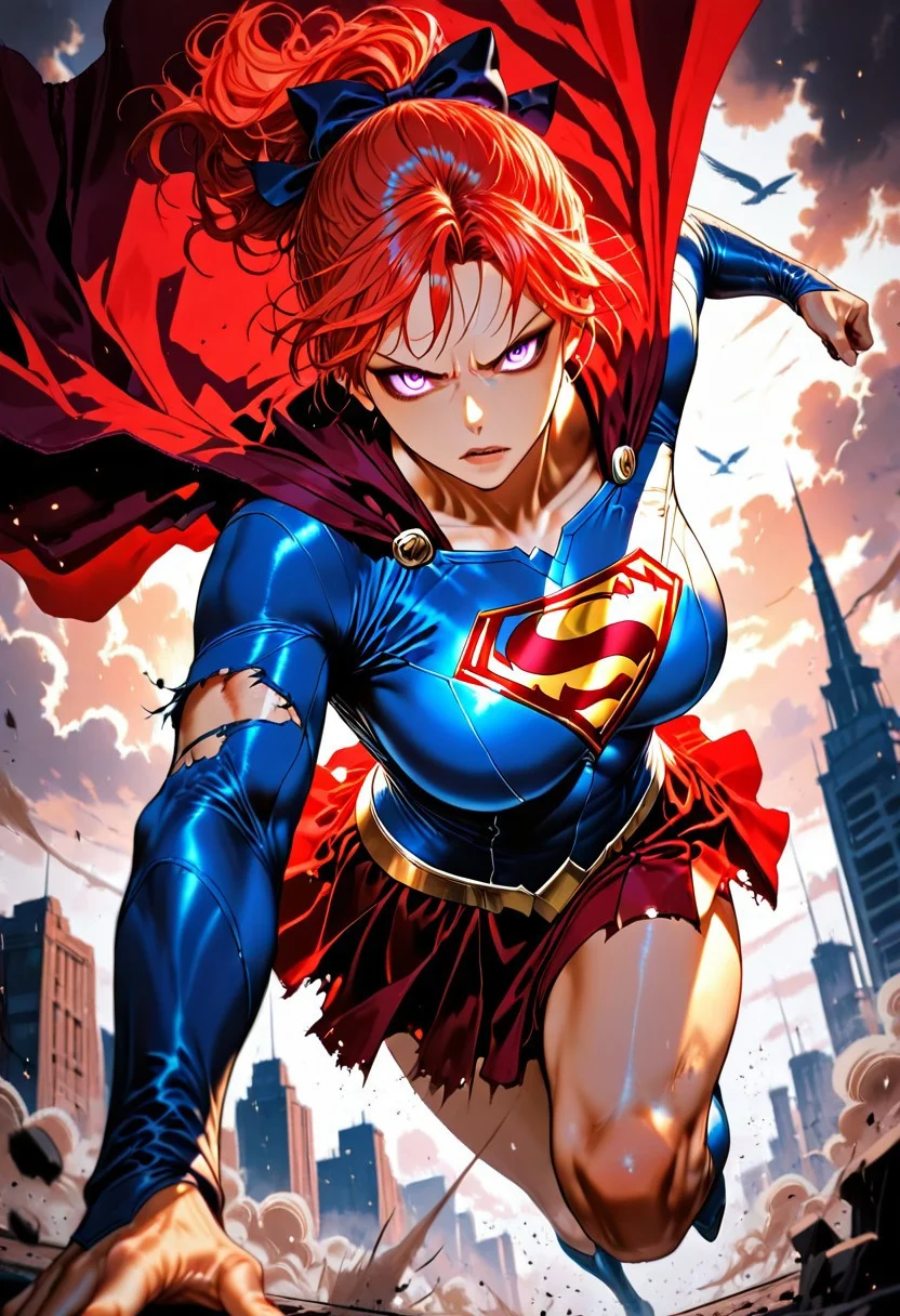 masterpiece, best quality,high quality, newest, highres,8K,HDR,absurdres, 1girl, supergirl, red skirt, red cape, Bamirade, purple eyes, red hair,  hair bow, big breasts, superhero, flying, clouds, birds, limited palette, intense expression, dynamic pose, dramatic lighting, strong depth of field, torn fabric, gritty realism, cinematic shot, dutch angle, foreshortening, blurred background, dust particles., detailed background, dynamic pose, dynamic composition,dutch angle, detailed backgroud,foreshortening,blurry edges <lora:iLLMythM4gicalL1nes:1> M4gicalL1nes