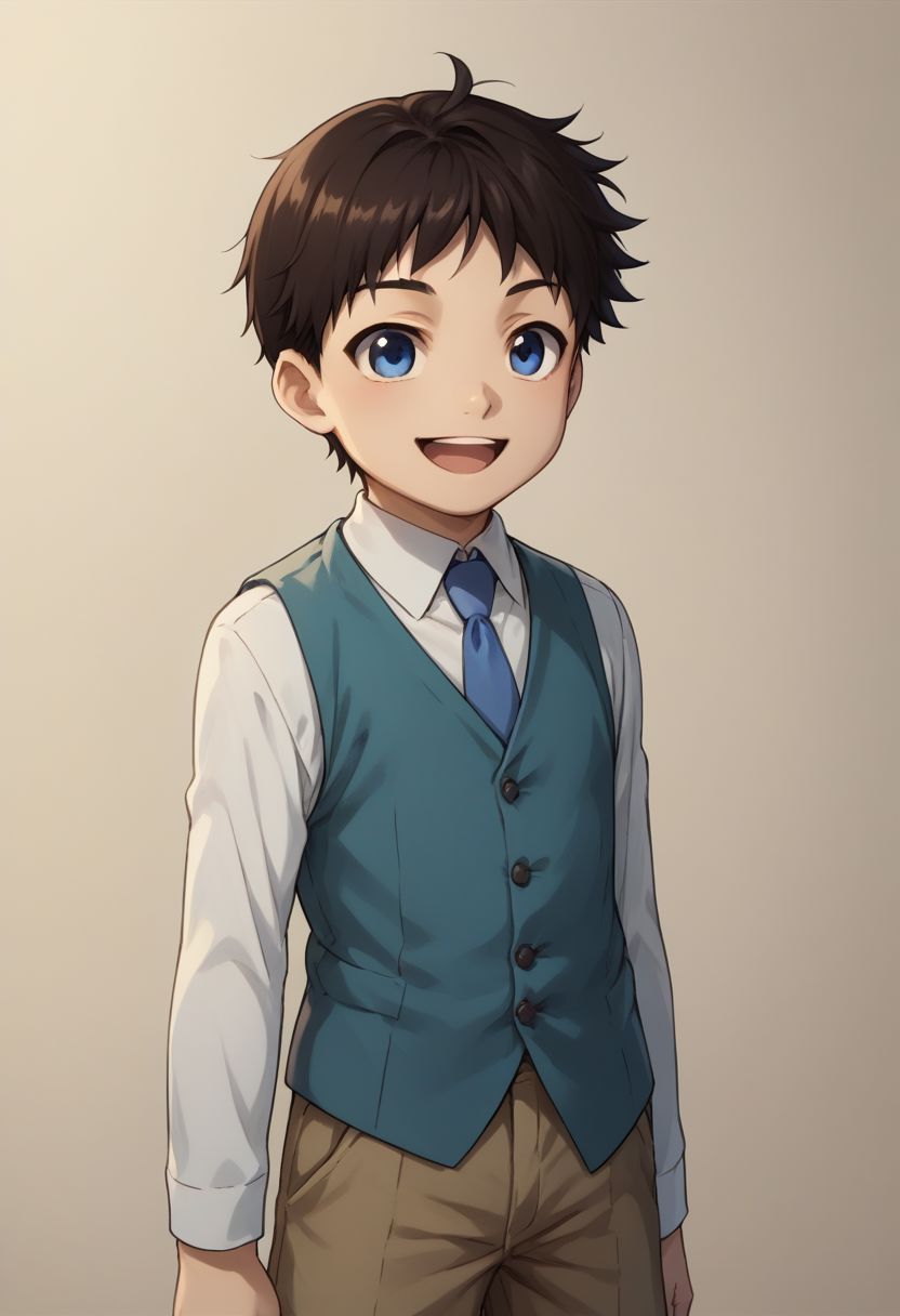 score_9, score_8_up, source_anime, highly detailed, selim, 1boy, solo, cute,
selim, 1boy, male focus, blue eyes, solo, shorts, necktie, male child, black hair, vest, blue necktie, brown hair, child, upper body, smile, open mouth, happy,
indoor,