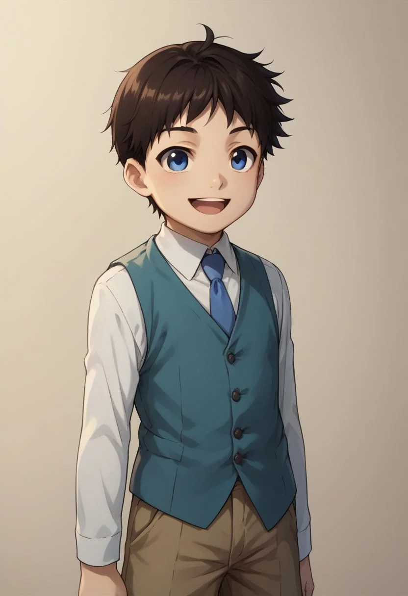 score_9, score_8_up, source_anime, highly detailed, selim, 1boy, solo, cute,
selim, 1boy, male focus, blue eyes, solo, shorts, necktie, male child, black hair, vest, blue necktie, brown hair, child, upper body, smile, open mouth, happy,
indoor,