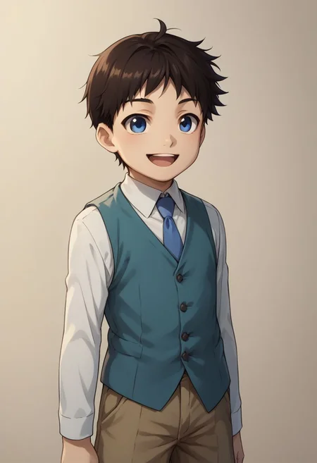 score_9, score_8_up, source_anime, highly detailed, selim, 1boy, solo, cute,
selim, 1boy, male focus, blue eyes, solo, shorts, necktie, male child, black hair, vest, blue necktie, brown hair, child, upper body, smile, open mouth, happy,
indoor,