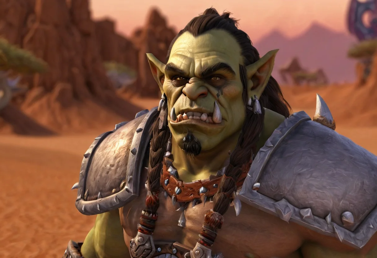 Durotar, desert, warcraft orc warrior, photorealistic, depth of field, <lora:Durotar-08:1.0>