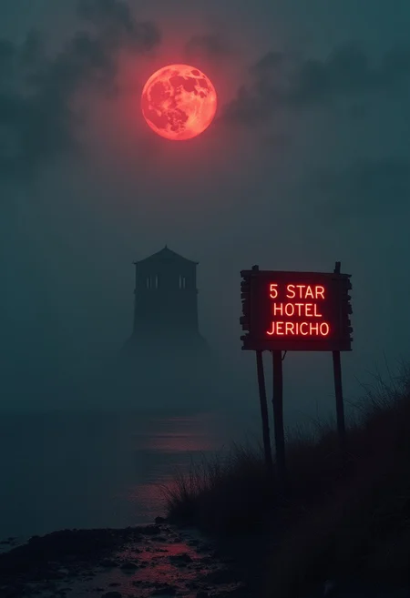 mysterious, fog shrouded landscape illuminated by a blood moon, smokey clouds, looming darkness, heavy fog, eerie feeling, very dark, deep black, deep
dark shadow, dark ruined tower in distance, dim moonlight, reflections in water, spectres, shapeless evil, wood and neon signpost in foreground with text "5 Star Hotel Jericho", moody chiarosquro lighting, hyper-detailed, realistic, professional photoshoot, 50mm lens