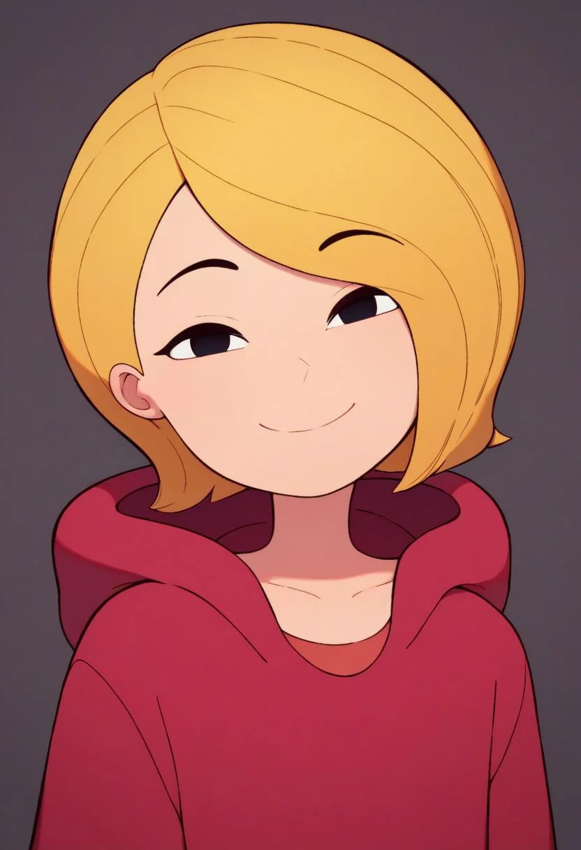 score_9, score_8_up, score_7_up, best quality, 4k, prefect lighting, source_cartoon, blonde hair,
1girl, solo, smile, closed mouth, looking at viewer, red shirt, hoodie, flat chest, short hair, black eyes, upper body