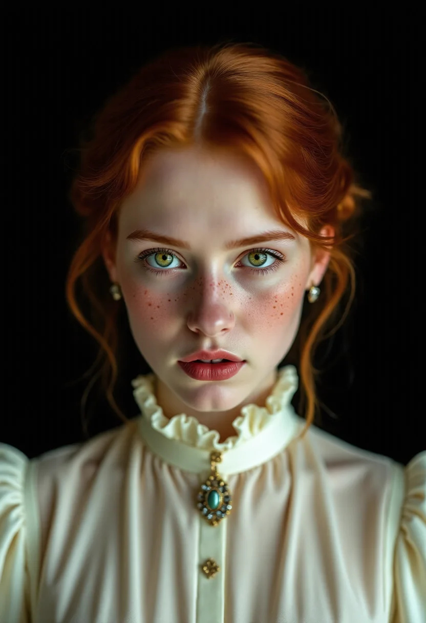 A captivating portrait emerges, featuring a young woman with an intense gaze, her green eyes locking with the viewer's. Her red hair, parted lips, and freckles are accentuated by a simple black background, creating a striking contrast. Dressed in a pristine high neck victorian ivory dress and adorned with elegant jewelry, she exudes a timeless beauty. This photorealistic image, with its attention to detail and natural lighting, showcases the woman's allure and the artist's skill, leaving viewers enthralled by her presence and the story it tells. <lora:flux/flux_realism_lora:1.0> <lora:flux/The beauty of realism (FLUX):1.0>, aesthetic_pose, dynamic_pose, <lora:peeps/Pretty__Emotional_Faces_FLUX-000001:1.0>, pretty, emotional, face,