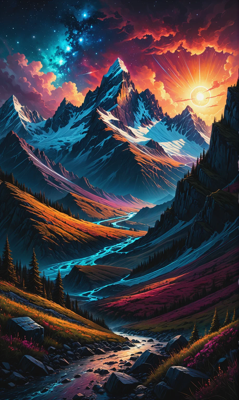 Mountains, painted, intricate, volumetric lighting, beautiful, rich deep colors masterpiece, sharp focus, ultra detailed, in the style of dan mumford and marc simonetti, astrophotography<lora:xl_more_art-full_v1:0.3>