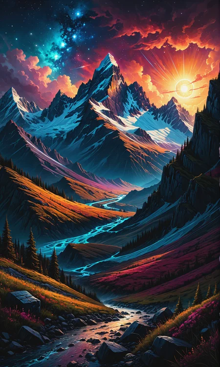 Mountains, painted, intricate, volumetric lighting, beautiful, rich deep colors masterpiece, sharp focus, ultra detailed, in the style of dan mumford and marc simonetti, astrophotography<lora:xl_more_art-full_v1:0.3>