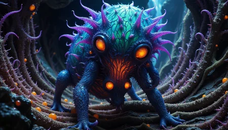 {"T5": "alienplants,A hyperrealistic, 16:9 landscape format photograph of a bipedal, bioluminescent alien with chameleon-like veined skin, natural etchings, and glowing orange eyes, set in a dark underwater realm at twilight, with deep trenches and glowing creatures in the background, featuring bizarre, bioluminescent alien plants with long, slender stems and glowing, iridescent leaves, the alien's bioluminescent antennae and limbs illuminated, with armored plates and glowing orbs on its body, viewed from a 45-degree angle, with the camera positioned close to the alien's face, capturing extremely detailed textures of its skin, and a unique composition that follows the rule of thirds,", "CLIP-L": "alienplants,hyperrealistic, bioluminescent alien, chameleon-like veined skin, natural etchings, bipedal body, bioluminescent antennae, glowing orange eyes, bioluminescent limbs, armored plates, glowing orbs, dark underwater realm, deep trenches, glowing creatures, bizarre alien plants, bioluminescent leaves, iridescent leaves, 16:9 landscape format, highly detailed, twilight, ominous vibe,"}
<lora:alienplants-000015:0.85>
