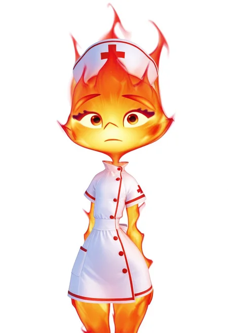 solo, 3mb3r_lum3n, fire, blank background, standing, looking at viewer, nurse outfit,
