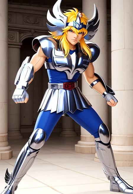 score_9, score_8_up, score_7_up, cygnushyov1, 1boy, blue eyes, slender figure, toned male, swan circlet, silver pauldrons, silver armor, fingerless silver gauntlets, circle plated vambrace, belt, silver tassets, blue pants, silver greaves, blue undershirt, belt buckle, wavy blonde hair, sleeveless, straight-on, full body, looking at viewer, greek temple, angry, scowl, fighting stance