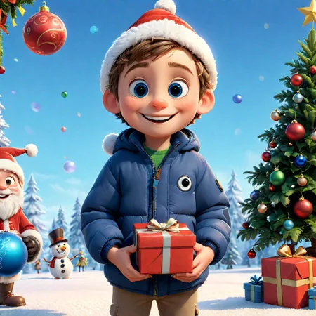 A 3D Pixar kid is wearing his father's navy blue winter jacket that has no sleeves, with big round eyes and a cute smile posting like he's holding a ball, celebrating his birthday. A Christmas tree stands on his left, adorned with gifts, while Santa Claus dwarfs arrange them.