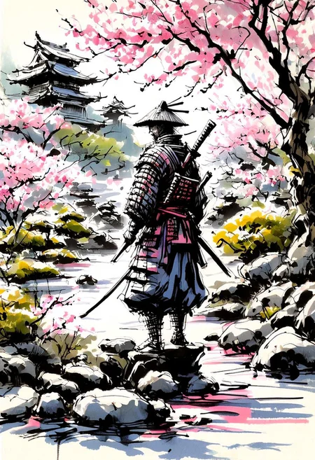 inksketch,
Japanese Samurai warrior in armor, zen garden, spring, sunshine, sakura, meditation, stream, rock garden,