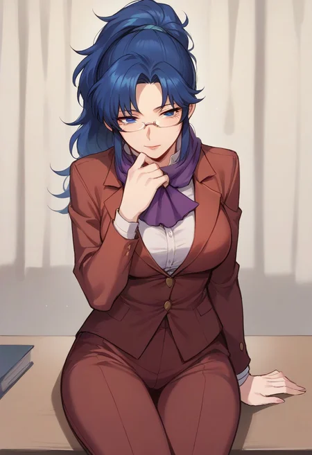 Score_9, score_8_up, score_7_up, score_6_up, 1girl, beautiful girl, large breasts, wearing glasses,lidded eyes,
BREAK
fekris, long hair, purple scarf, no bangs, ponytail
retro artstyle, cowboy shot, suit, pants, hands on chin, sitting, office