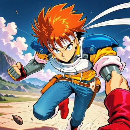 masterpiece, best quality, amazing quality, very aesthetic, absurdres, newest, 1boy, arthuffl3 with a cyborg arm, brown-orange hair, long white headband, blue shoulder pads, white breastplate, yellow shirt with rolled sleeves, blue jeans, belt with holster, red fingerless gloves, red boots, ((action pose)), close up, looking at viewer, cyborg arm, robot arm