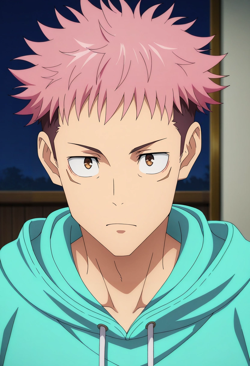 masterpiece, best quality, , anime screencap, anime coloring, official style, , anime screencap, anime coloring, official style, 1boy, solo, male focus, <lora:yuuji_itadori_ilxl:0.94>, yuuji_itadori, pink hair, brown eyes, short hair, undercut, spiked hair, hoodie,