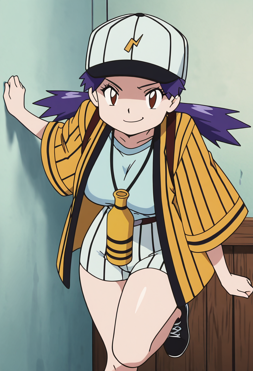 masterpiece, best quality, solo, curvy, beautiful eyes, aged up, large breasts, narrow waist, wide hips, 1girl, solo, smile, looking at viewer, zzCasey, brown eyes, blue hair, twintails,   baseball cap, yellow jacket, open jacket, stripes, wide sleeves, white shorts, striped shorts  <lora:CaseyBaseballBeauty_IXL:1.0>, leaning on wall, one leg bent, smug, looking at viewer,