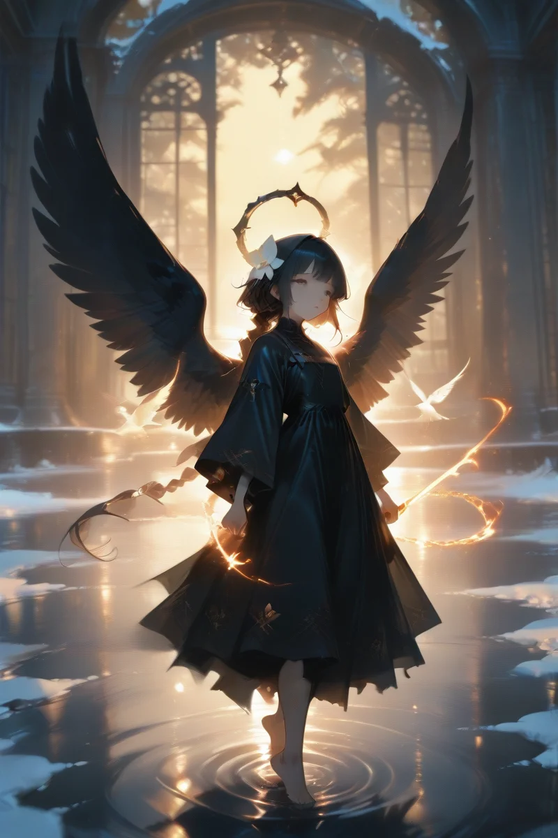 <lora:ponyv6_noobV1_2_adamW:1>
<lora:USNR_STYLE_ILL_V1_lokr3:0.3>
<lora:Dark_Angel_IL:1>
1girl, aircraft, angel, bangs, barefoot, bird, bird wings, black dress, black hair, black wings, braid, chain, dove, dress, fireplace, flaming sword, hair flower, holding weapon, insect wings, jewelry, male focus, mini wings, nature, night, parted lips, ripples, seagull, shikigami, sky, solo, spread wings, standing, standing on liquid, tattoo, very long hair, white butterfly, white wings, winter, yellow sky