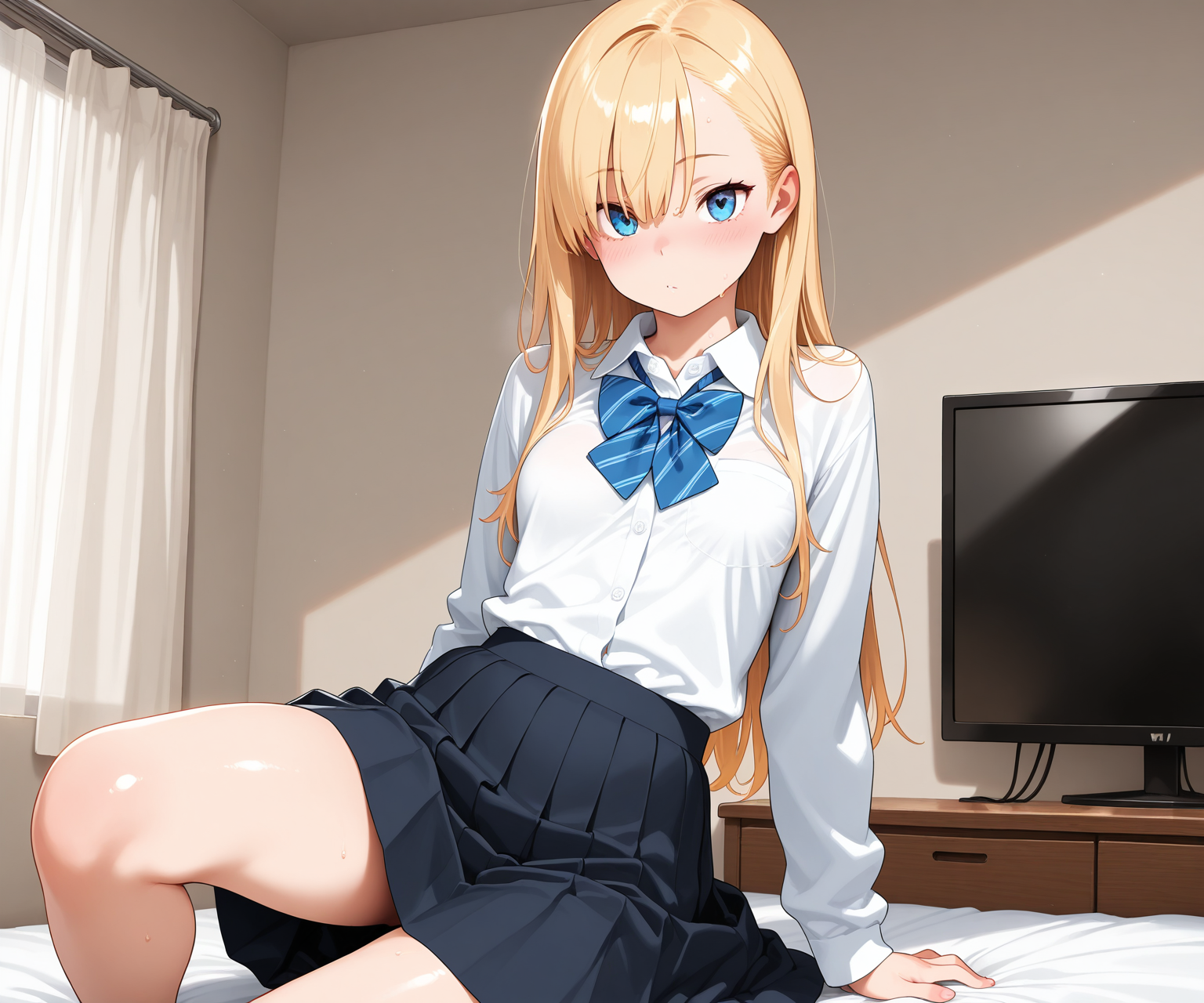 masterpiece, best quality, amazing quality, sfw, 1girl, solo, shirt, ,  skirt, blonde hair, , looking at viewer,  , <lora:Key style ILL-v2:1.4> keystyle,
