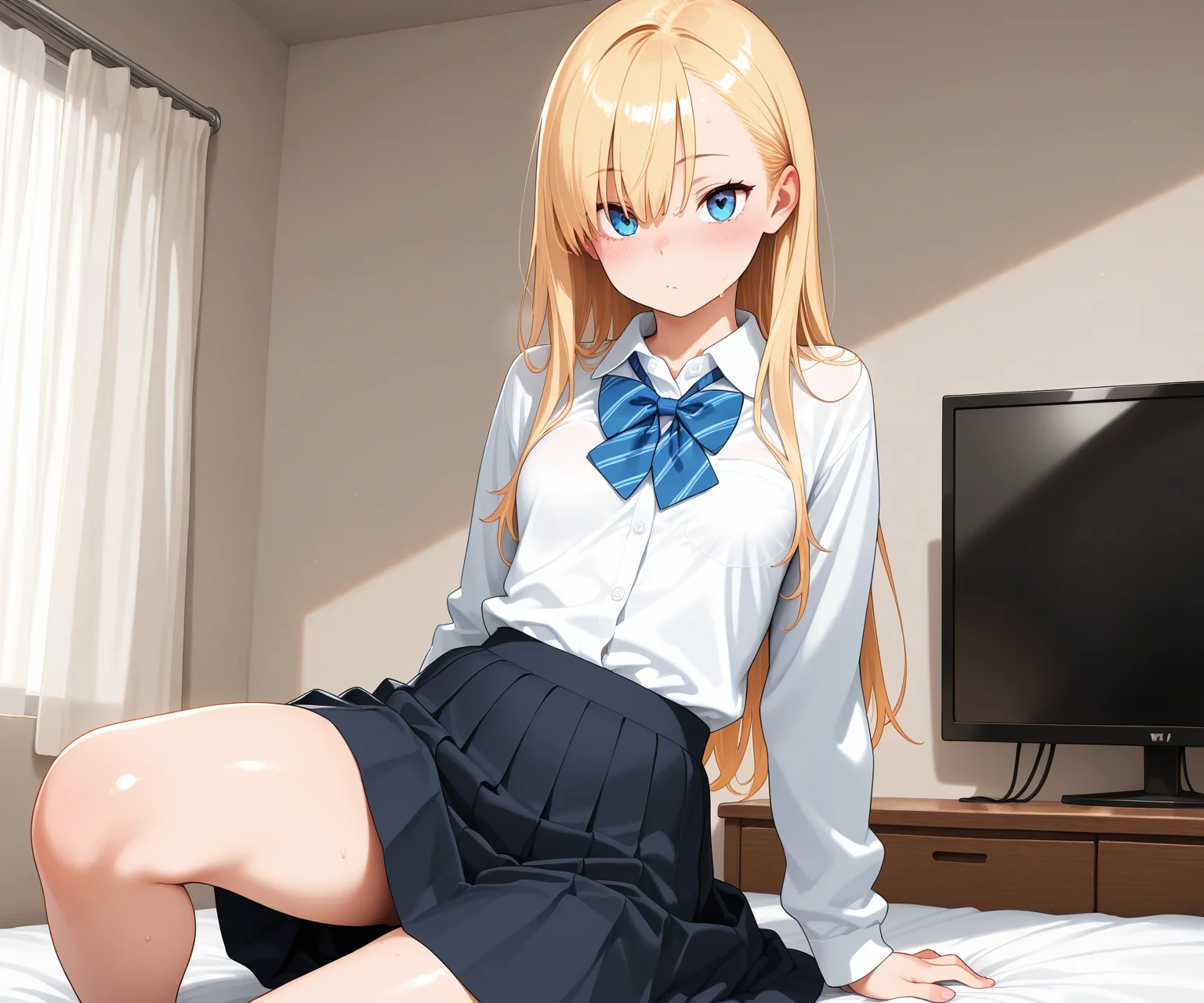 masterpiece, best quality, amazing quality, sfw, 1girl, solo, shirt, , skirt, blonde hair, , looking at viewer, , <lora:Key style ILL-v2:1.4> keystyle,