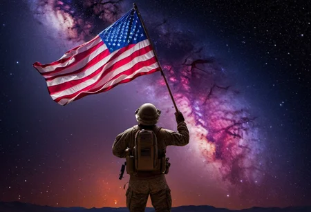 soldier holding american flag blowing in wind, (deep space, deep galactic travel background),Dark and eavil glow, glow neion paint, dark, surrealism, defined sharp edges, mystical, (multi-dimensional:1.2), psychedelic art