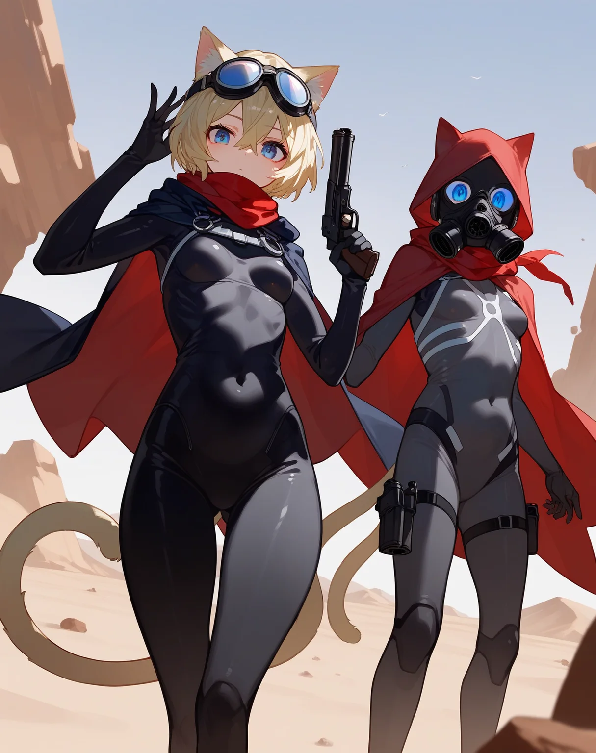 (score_9,score_8_up,score_7_up,score_6_up,score_5_up,score_4_up),animal ears,1girl,tail,gun,weapon,blue eyes,short hair,holding,breasts,blonde hair,cat ears,bodysuit,mask,holding gun,covered navel,cape,desert,cloak,hood,looking at viewer,holding weapon,sky,outdoors,goggles,gas mask,small breasts,1boy,cat tail,white hair,2boys,hair between eyes,scarf,hood down,skin tight,multiple boys,handgun,standing,