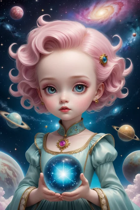 mark ryden, ray caesar, lowbrow style, masterpiece, best quality, highly detailed, sharp focus, dynamic lighting, vivid colors, texture detail, particle effects, storytelling elements, narrative flair, 16k, UE5, HDR, subject-background isolation, Nebula-Wandering Starchild, A cosmic traveler adorned with swirling galaxies and shimmering stardust, their eyes hold the secrets of the universe.