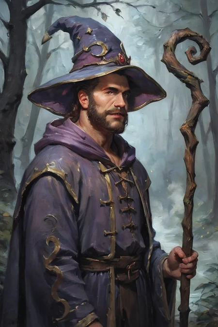 score_9, score_8_up, score_7_up, oil painting, traditional media, realistic, 1boy, solo, male focus, mature male, wizard, long hair, brown hair, black eyes, looking at viewer, hat, facial hair, beard, mustache, staff, wizard hat, purple hat, robe, purple robe, cloak, holding, holding staff, upper body, standong, outdoors, forest, nature, tree, fog, dark background <lora:Eldritch Oil Style LoRA_Pony XL v6:1>