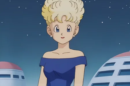 source_anime, score_9, score_8_up, score_7_up, anime screencap,
panchy, blonde hair, short hair, curly hair, blue eyes, 
star \(sky\), neon, 
long blue dress, collarbone, bare shoulders, 
 <lora:panchy_pony_v1:0.8>