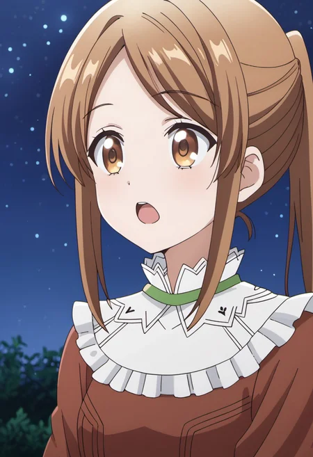 tiona rudolvon, brown hair, brown eyes, long hair, 1girl, solo, ponytail, open mouth, anime coloring, long sleeves, upper body, dress, frills, night, sidelocks