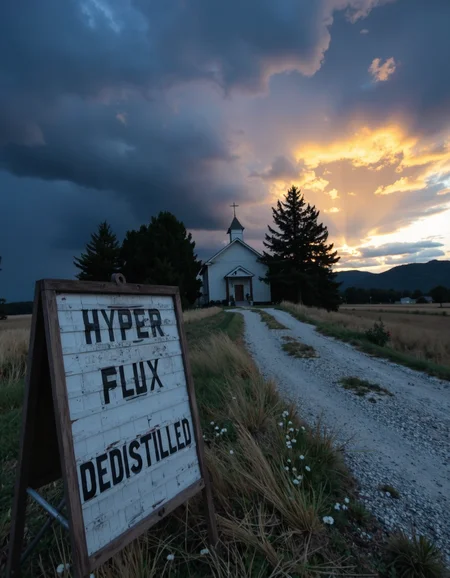 A quiet countryside scene at dusk, with dramatic storm clouds tinted gold and blue by the setting sun, casting long shadows across the landscape. In the foreground, a worn, wooden message board with peeling white paint stands by the side of a gravel road. The message board reads "Hyper Flux Dedistilled" in bold black letters, hand-arranged on a vintage, weathered surface. Further up the hill, a small, white-painted church with a simple steeple and a softly glowing window stands surrounded by tall pine trees. The church has a humble cross on top, and its wooden exterior shows signs of age but resilience. The gravel path leading up to the church winds gently through wild grass and scattered flowers, adding a touch of serenity to the haunting beauty of the scene. The air feels charged with quiet significance, as though something greater lies just beyond the horizon.