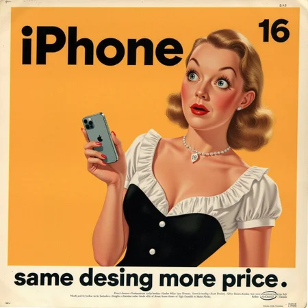 a vintage ad with a woman, wearing a glamorous 1940s dress, holding an iPhone with a surprised expression; it reads "iPhone 16" on the top and "same desing more price" in the bottom