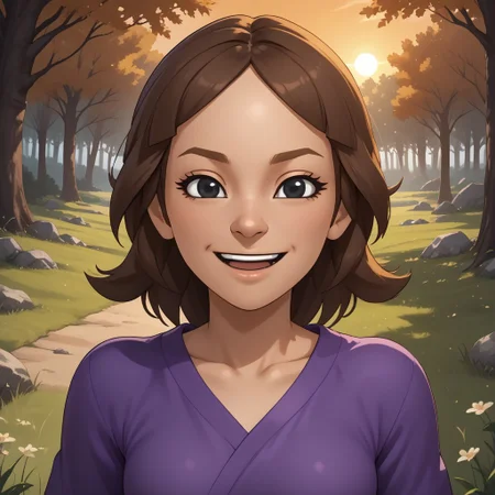 score_9, score_8, BREAK, solo, wii, mii, wii fit, 1girl, female mii, brown hair, dark blonde eyebrows, black eyes, half circle nose, open mouth, teeth, purple clothing, white pants, barefoot, cute, Maeda_(\Wii_Fit\), small breasts, Nintendo Mii, modern_mii, classic_mii, sexy pose, self portrait, smile, outdoors, sunlight, shadows, evening lighting, natural lighting, forest, trees, grass, orange sky, sunset