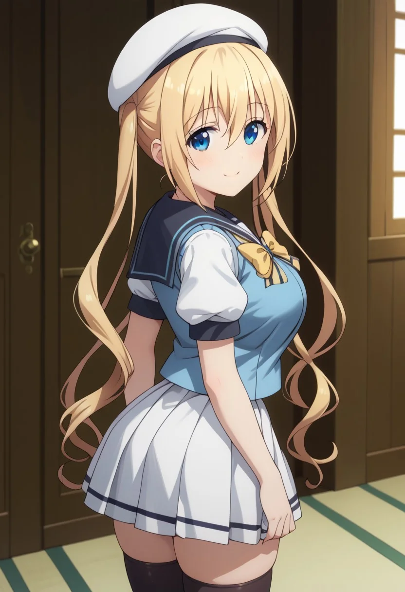 score_9, score_8_up, score_7_up, score_6_up, source_anime,
detailed eyes, eye reflection,
kaho hinata, blonde hair, blue eyes, hair between eyes, long hair, sidelocks, twintails, large breasts
bow, hat, puffy sleeves, short sleeves, serafuku, puffy short sleeves, yellow bow, shirt, beret, sailor collar, skirt, vest, dress, thighhighs, black thighhighs,
1girl, blush, smile,
looking back at viewer,