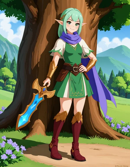OneStepFromEdenStyle, 1girl, wide_hips, blush, solo, outdoors, [blue] scarf, [green] eyes, [lavender] hair, smile, full_body, high_fantasy, Maroon footwear, holding_weapon
 <lora:OneStepFromEdenStyle_Illustrious:1> BREAK OneStepFromEdenStyle [In a serene elven village nestled within a giant, ancient tree,]