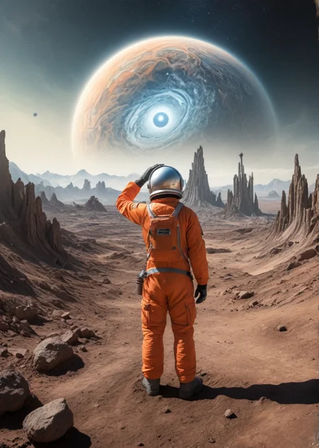 (pui:0.01) An intrepid explorer standing calmly in front of a catastrophic scene on a distant planet, (one hand lifted over head:1.24) waving at viewer, (waving cheerfully:1.18), reflective visor, helmet's smiling visor obscuring their expression, a giant black hole in the distance, a observatory dome, a crystalline stream, a lively city square with holographic theories, intricate, gravitational riddles etched into the ground, the explorer's confident posture,
(bright anomaly:1.31), (jarring contrast:1.12), (eye-catching:1.29), (surreal juxtaposition:1.1),(trending:0.92) (masterpiece:0.66), (RAW:0.69),(high resolution photograph:1.28),high definition,masterpiece, best quality, (aesthetic:0.87), <lora:LCMTurboMix_Euler_A_fix.safetensors:0.96:0.3> <lora:sdxl\Hyper_Realism_Pony_XL.safetensors:0.85:0.18> <lora:sdxl\add-detail-xl.safetensors:0.88:0.10 p18,s99