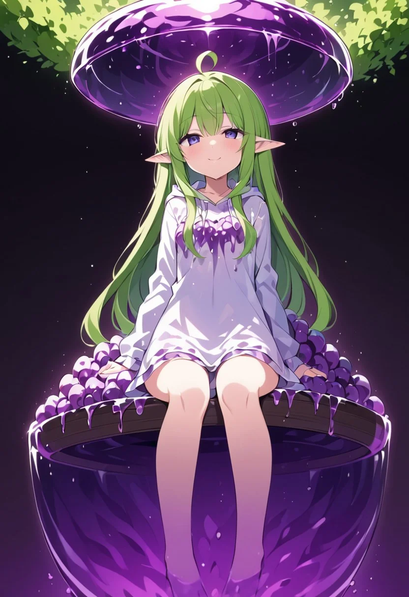 (masterpiece), (score_9, score_8_up, score_7_up,source_anime), 4K8K, best quality, high res image, illustration, Uncorrected, CG,
(girl view from below. look-up angle:1.3), from front,
1 elf woman sitting on a giant white grape slime, pretty white slime, (lot of white grape cubes around woman), (hair over breasts, long hair, hair censor:1.4), twinkle grape cube,
slime, slime like a grape, grape slime, see-through violet slime,
BREAK
small breasts, elf ears,
(gradient hair, green hair, very long hair, Bangs covered eyes, ahoge, hair over breasts, hair censor),
(hair blind eyes, half opened eyes, jitome, smile),
wearing hooded robe, linen dress, culottes, denim short culottes,
in orchard, fruit orchard, fruits trees,