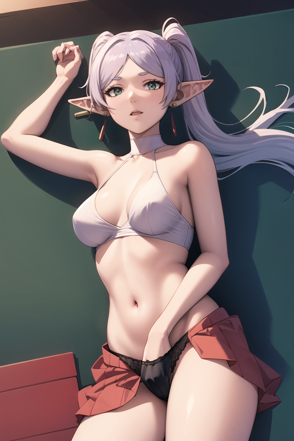 masterpiece, best quality,  hand in panties, 1girl, lying    <lora:Hand in own panties1-000026:1>   <lora:Frieren:1> Frieren, twintails, earrings, FrierenBase,