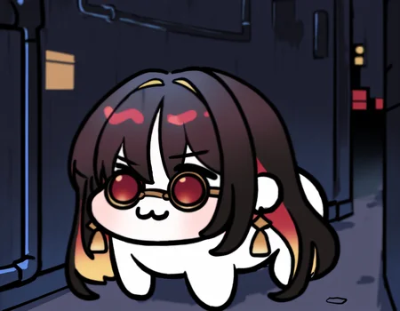 masterpiece, best quality, doro, :3, chibi, no pupils, solid circle eyes, full body, white skin, all fours, 1girl, black hair, jewelry, red eyes, multicolored hair, colored inner hair, red hair, two-tone hair, long hair, tassel earrings,red-tinted eyewear, round eyewear, alley, night <lora:moran-nikke-illu-byananas-v1:1> <lora:doro_xypher_ixl_v1:1>