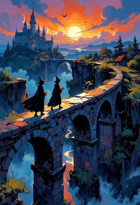 Medieval aqueduct between the castle and the cliff. The castle is located on the cliff. On the opposite side is a forest and small huts. There are 3 young witches walking along the top of the aqueduct. The witches wear pointed hats and cloaks. Some are holding books in their hands. In the background is an eerie magical castle. magic is in the air. Mania emanates from the witches. The setting sun can be seen through the columns of the aqueduct. The contrast between the rich colors of the magic and sky and the gloomy castle and silhouettes. The surrealness of the magical landscape. A world of magic. Colorful modern impressionism. 
WLOP
