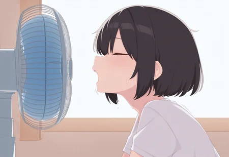 masterpiece, kuma,1girl, short hair, small fan, from side, closed eyes, sweating, open mouth, in front of fan, fan air, hair blowing against fan, hot temperature, white shirt, electric fan, motion lines