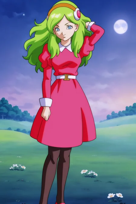 source_anime, score_9, score_8_up, score_7_up, anime screencap,
brianne, 1girl, solo, long hair, smile, facing to the side, looking_at_viewer, eyelashes, eyebrows, sleeve_cuffs, blue eyes, long sleeves, dress, black pantyhose, hairband, outdoors, green hair, juliet sleeves, sky, white belt, night, moon, pink dress, grass, full moon, mountain, clenched_hand, arm up, arm at side, pointy nose, small breasts, floating hair, puffy sleeves, yellow hairband, white collar
<lora:brianne_pony_v1:0.8>