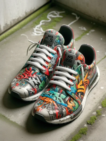 ais-graffiti sneakers on a concrete floor ready to be worn <lora:Graffiti_SDXL:1>