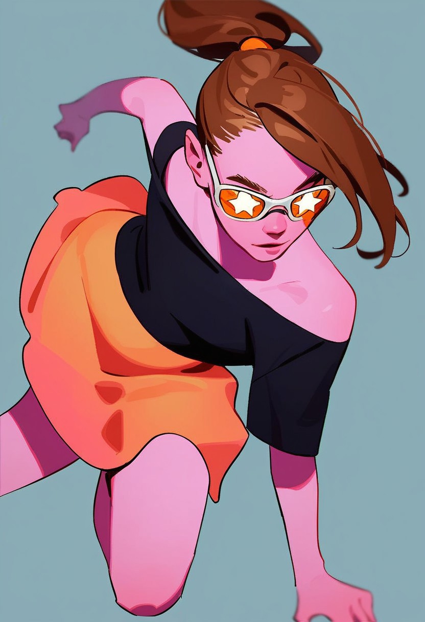 score_9, score_8_up, score_7_up, zPDXL2, detailed background, concept art, source_anime, flat chest, dark theme, low light, solo, easynegative, source_anime, simple background, lineart_style, beautiful alien girl, bright pink skin, brown hair, ponytail, black shirt, orange skirt, dark orange spats, shiny reflective shades, starry motif, action pose