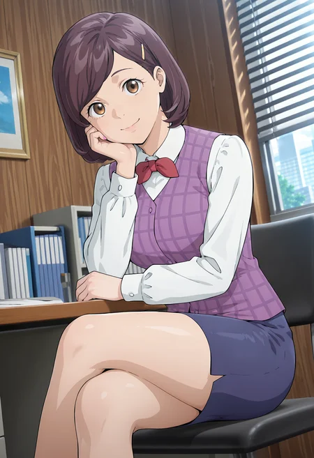 best quality, amazing quality, perfect quality, high quality, masterpiece, absolutely eye-catching BREAK
<lora:Bullbuster_-_Miyuki_Shirogane:1> BullMiyuki, brown eyes, brown hair, short hair, bob cut, swept bangs, hairclip BREAK
red bowtie, white shirt, purple vest, blue pencil skirt, black pumps BREAK
indoors, office, wooden walls, window, window blinds, bookshelf, desk, chair, dappled sunlight, sunbeam BREAK
1girl, solo, sitting, crossed legs, hand on own cheek, head rest, arms on table, head tilt, light smile, looking at viewer, dutch angle, cowboy shot
