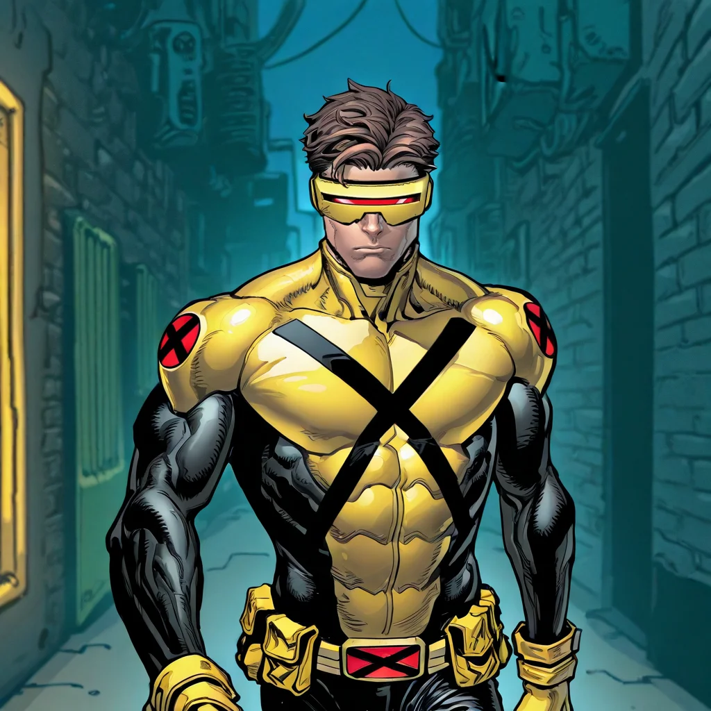sc0t30m3r1c1c3, brown hair, 1boy, solo, male focus, yellow visor, yellow and black bodysuit, black sleeves, black x, red x, yellow belt, yellow gloves, black pants, close up, upper body, walking, alley, night, street, looking at viewer, serious face,  <lora:Cyclops:1>